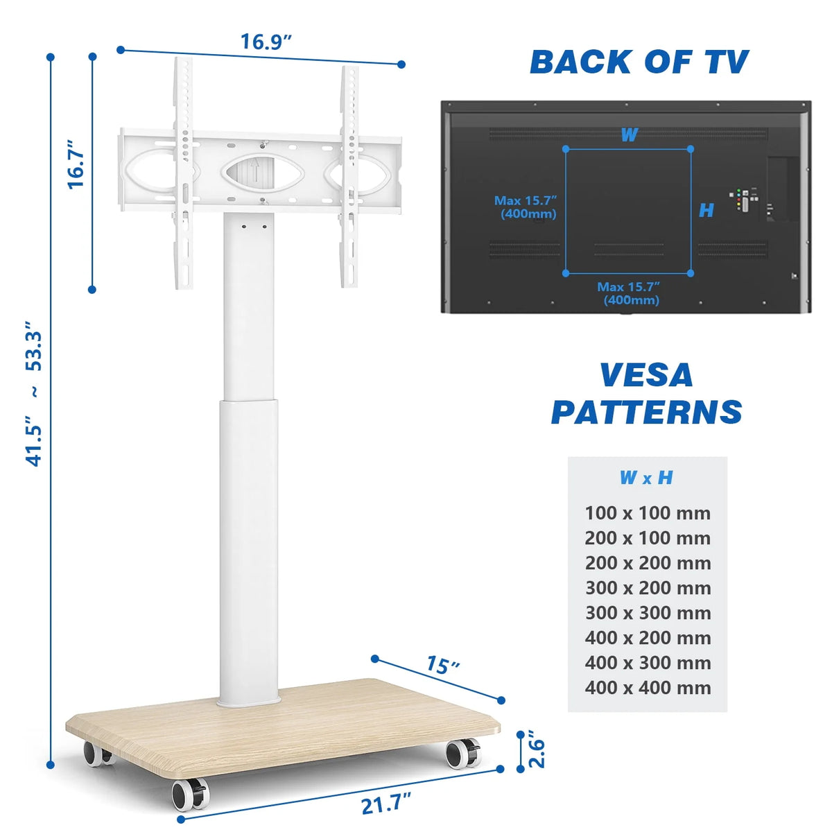 Modern Rolling TV Stand up to 65 inch White Wooden Base U288518