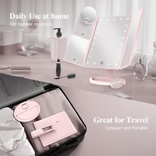 White Lighted Trifold Makeup Mirror with 10X Magnification Y935