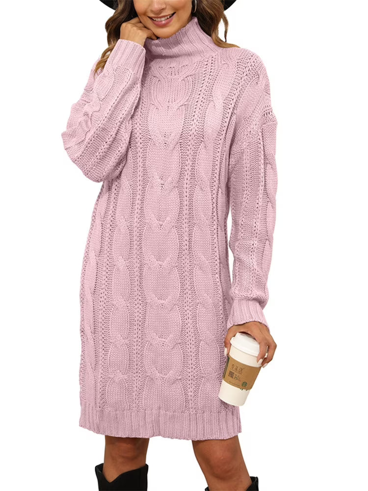 Turtleneck Cable Knit Long Sweater Dress I922161