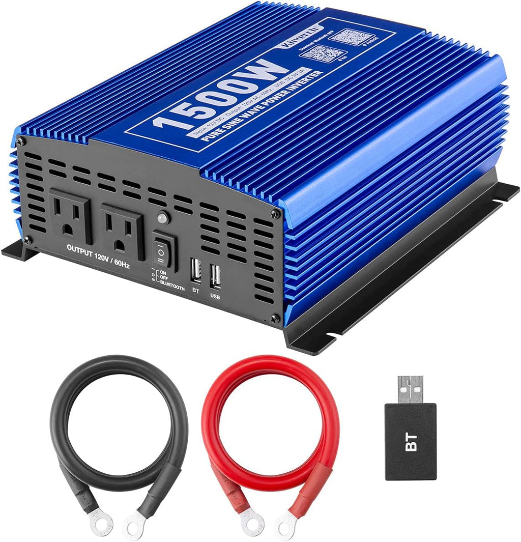 1500W Pure Sine Wave Power Inverter 12V DC to 110V AC Car Inverter with Bluetooth 2AC Outlets USB Port T9121