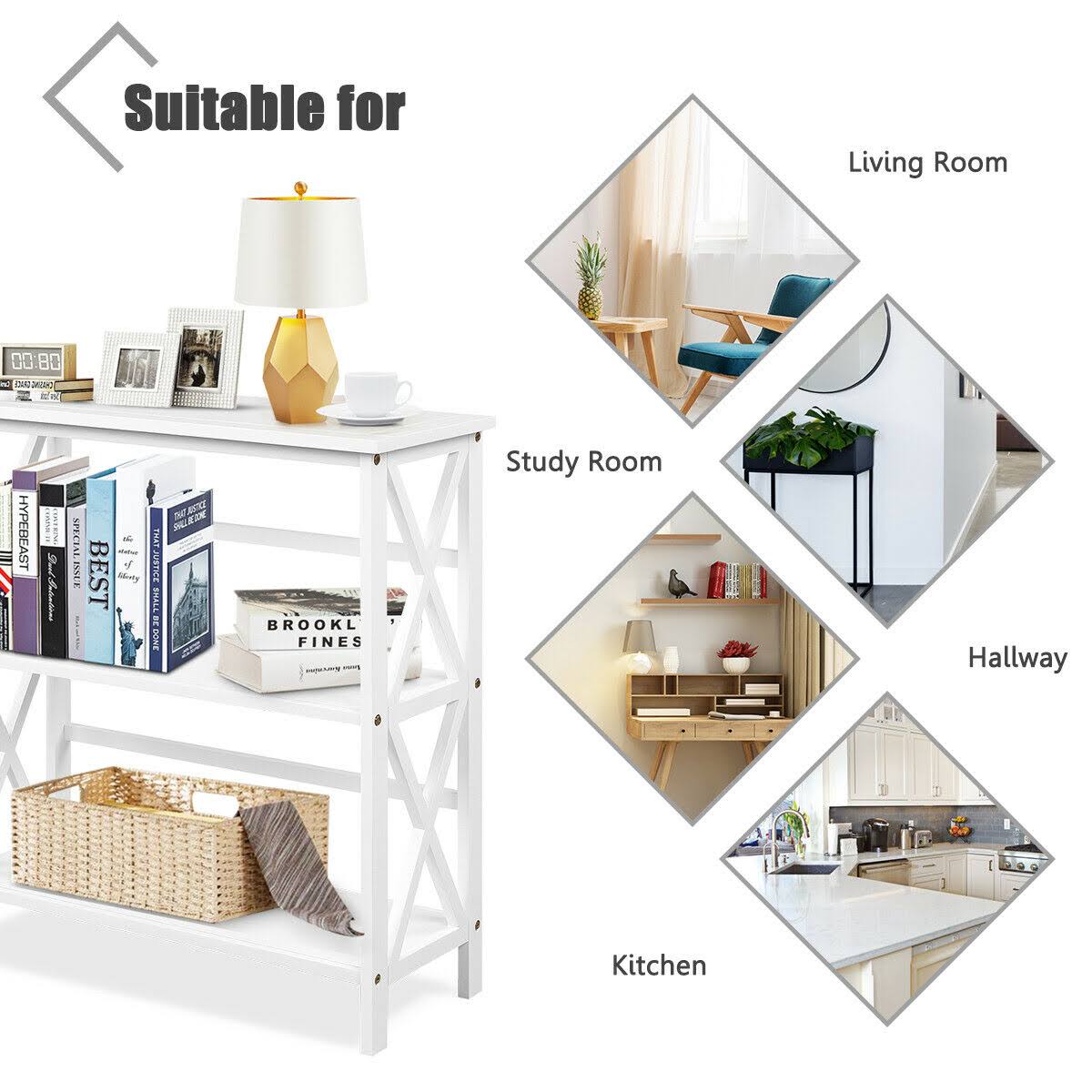 3-Tier White Wooden Open Shelf Bookcase O7471
