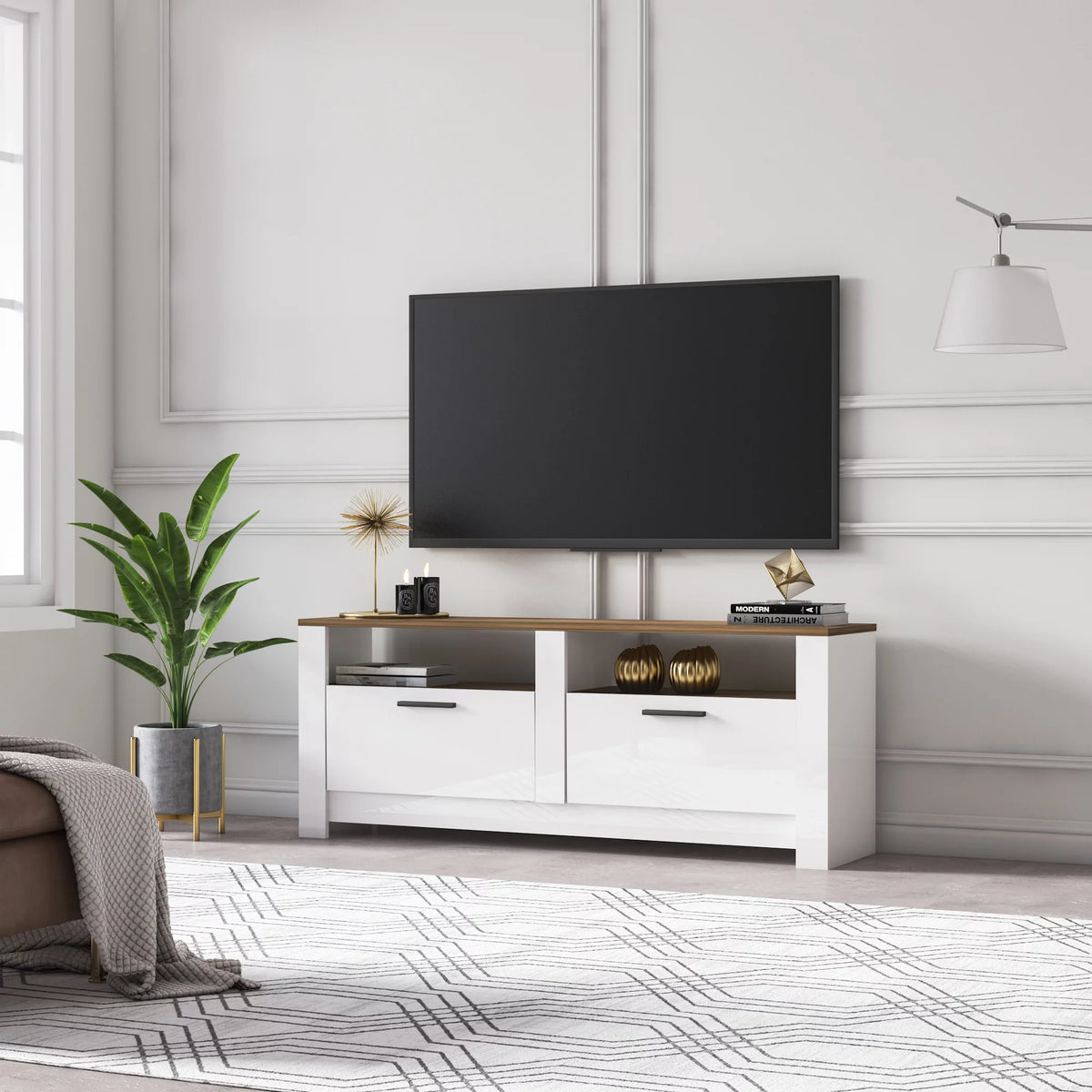 White and Oak 57 Inch 2 Drawer TV Stand K1693