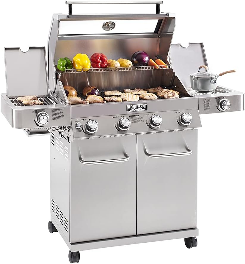 4-Burner Stainless Steel Propane Gas Grill with Side Sear Burners D79931