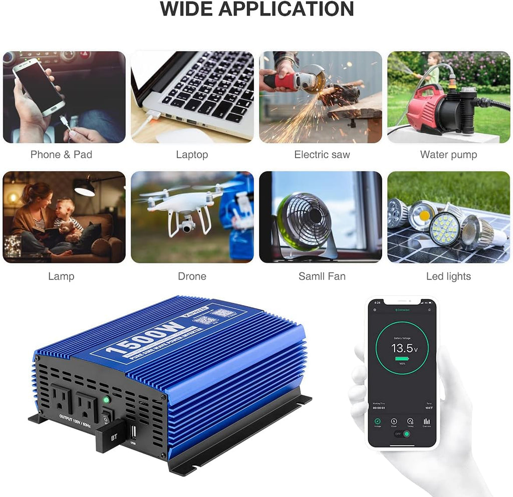 1500W Pure Sine Wave Power Inverter 12V DC to 110V AC Car Inverter with Bluetooth 2AC Outlets USB Port T9121