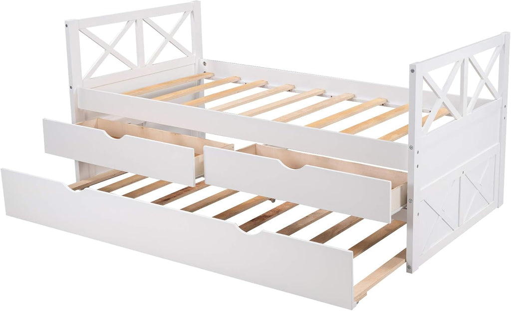 White Wood Twin Captain's Daybed with Trundle and 2 Storage Drawers G72131