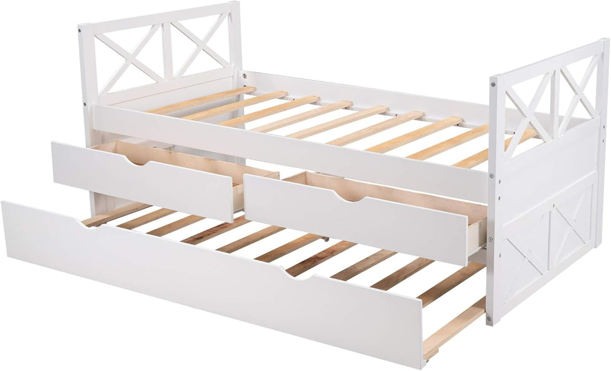 White Wood Twin Captain's Daybed with Trundle and 2 Storage Drawers G72131