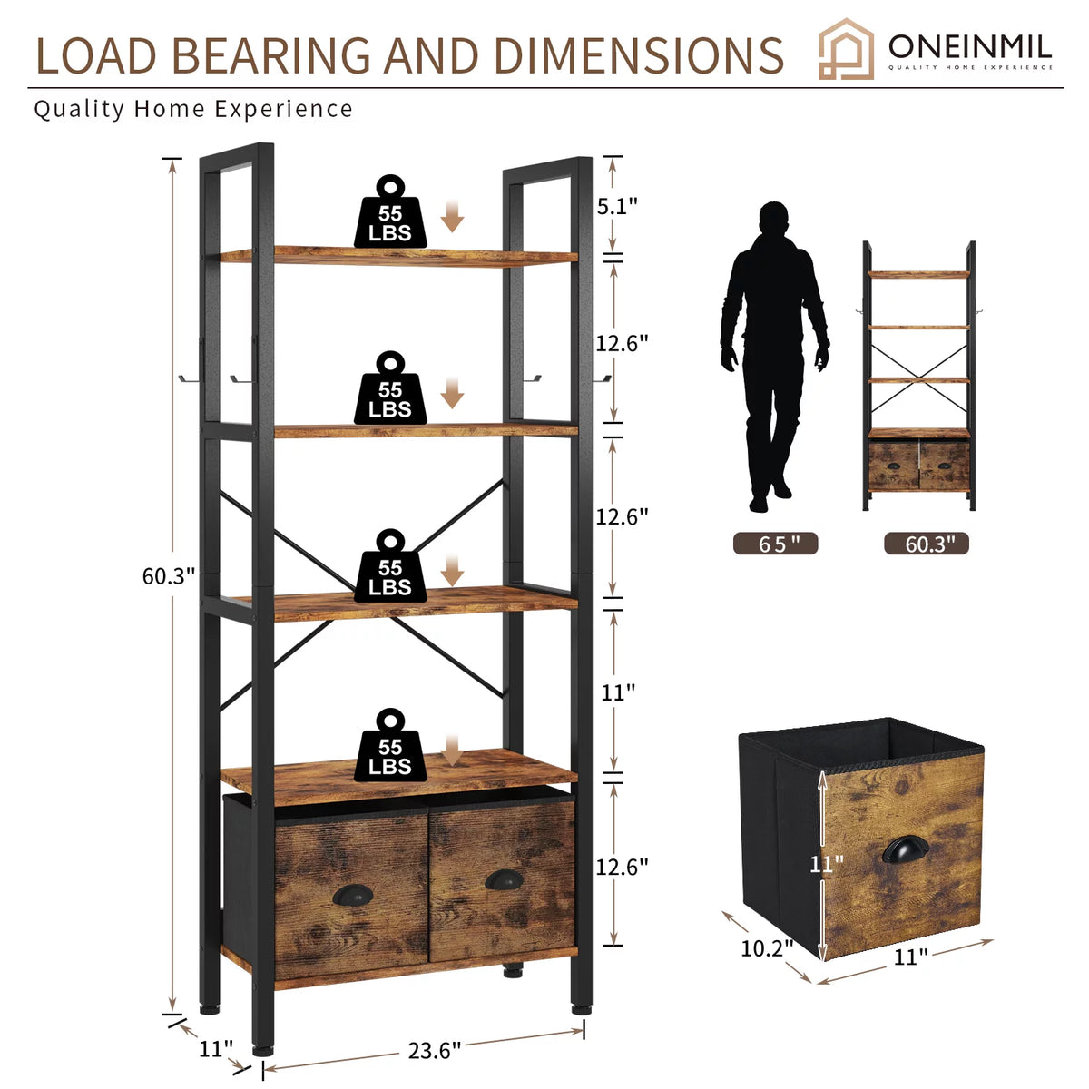 5 Shelf 2 Drawer Rustic Brown Bookcase Y7181