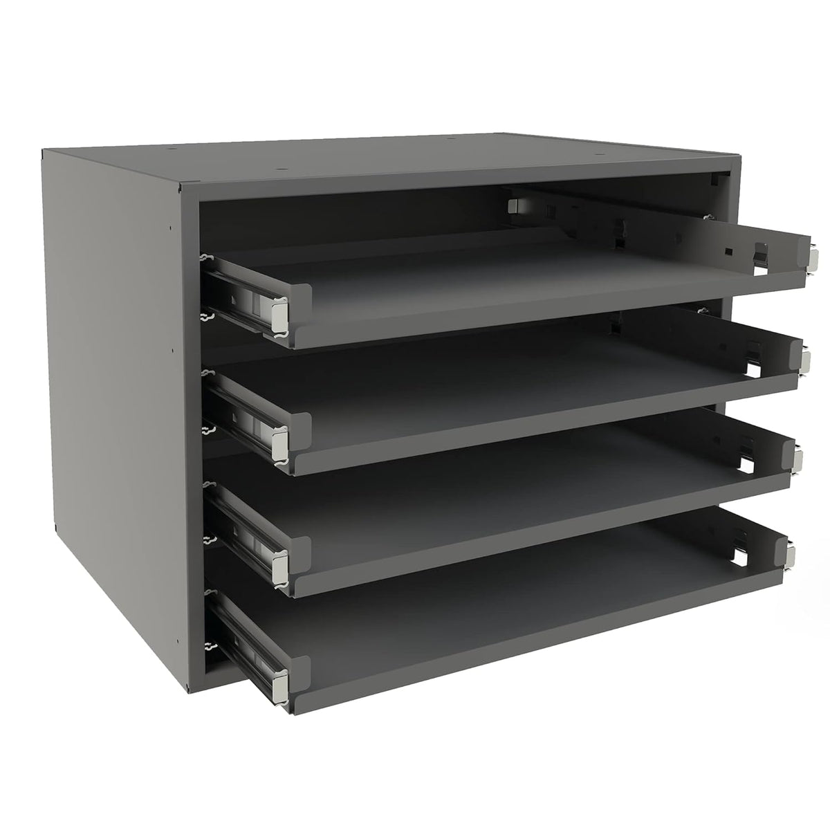 Gray Cold Rolled Steel Bearing Rack for 4 Small Metal Compartment Boxes Y40979