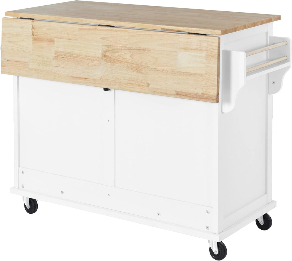 Mobile Kitchen Island Cart with Spice Rack and Towel Rack, Rolling Kitchen Island with Drop Leaf, 2 Drawers and Sliding Barn Doors B935