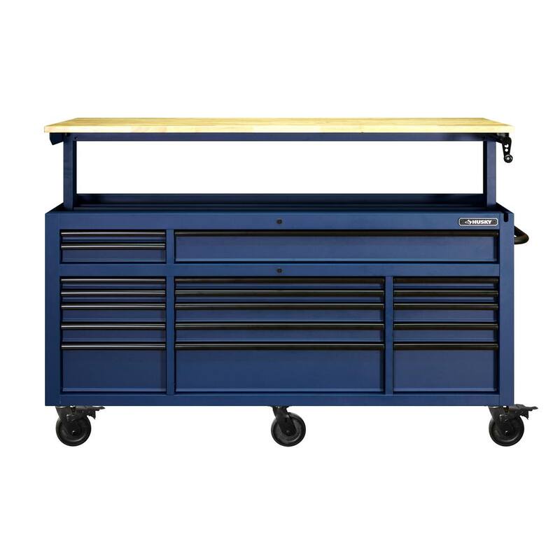 72 in. Heavy Duty Matte Blue Mobile Workbench Cabinet with Solid Wood Top E387058