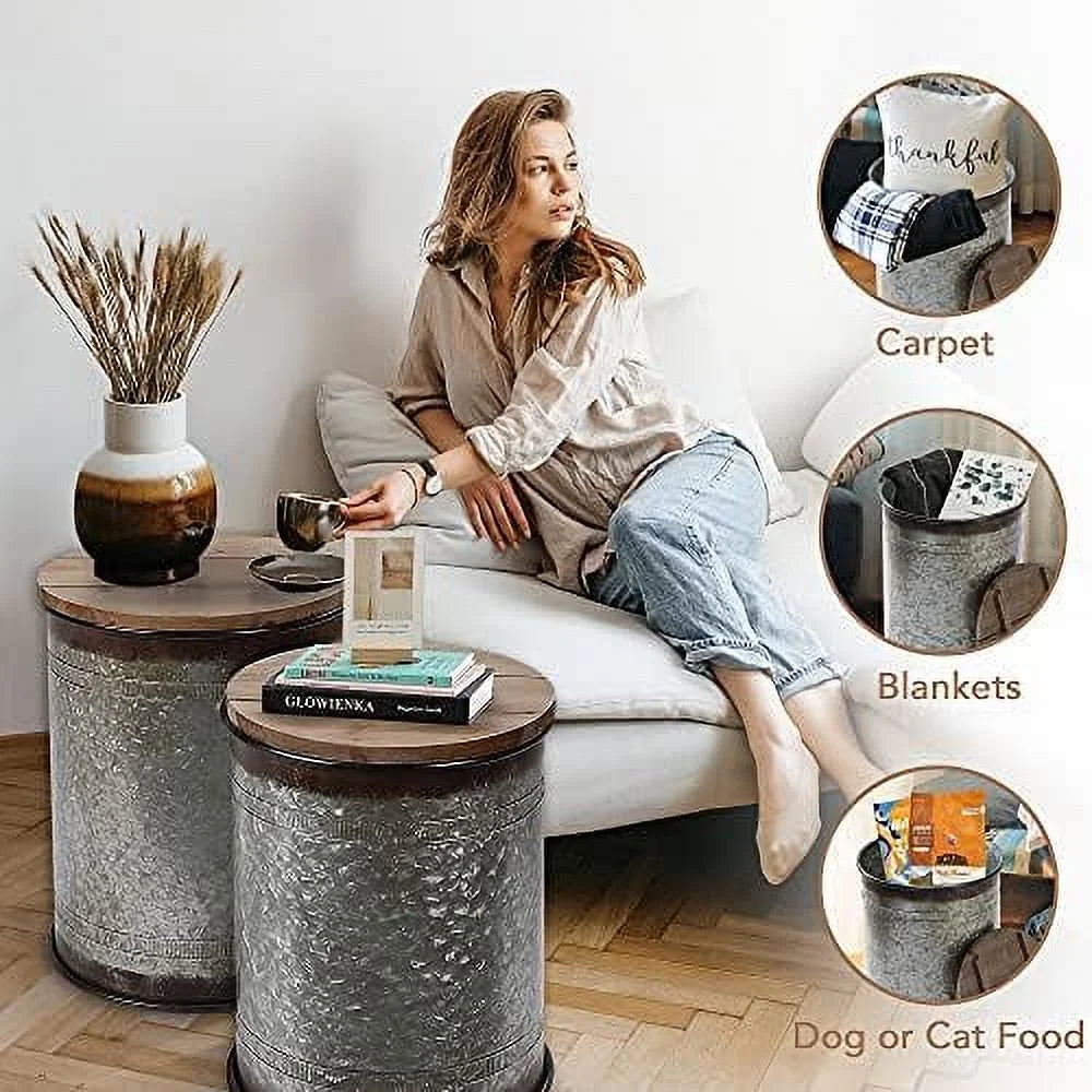 Farmhouse Accent Side Table Ottoman Seat Stool Metal End Table Box Bin with Round Wood Lid G84806