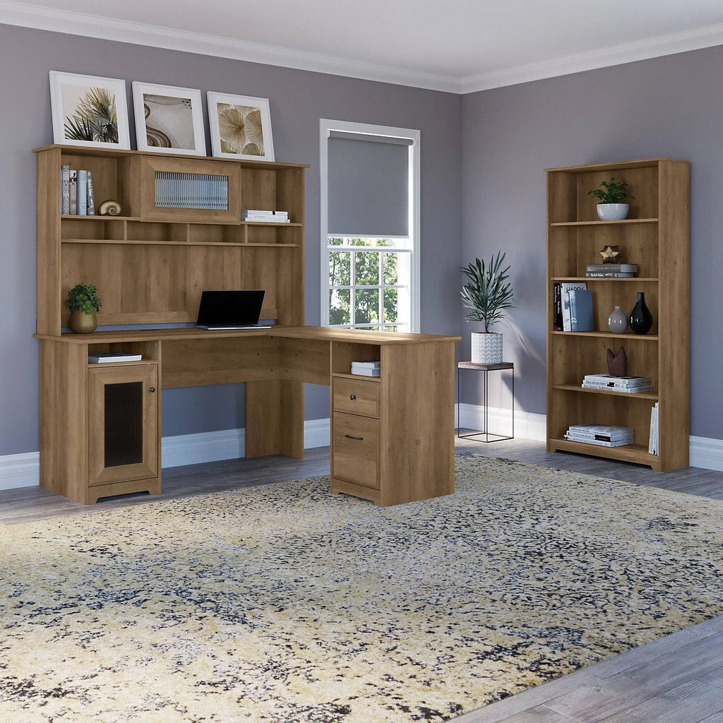 L-shaped Desk with 5-Shelf Bookcase and Hutch F841