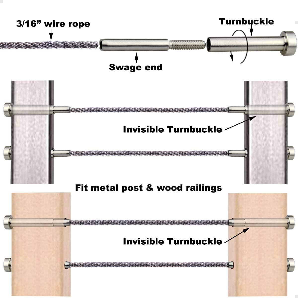 20 Pcs 3/16 Invisible Turnbuckle Kit, T316 Stainless Steel Cable Railing Hardware Kit D198387