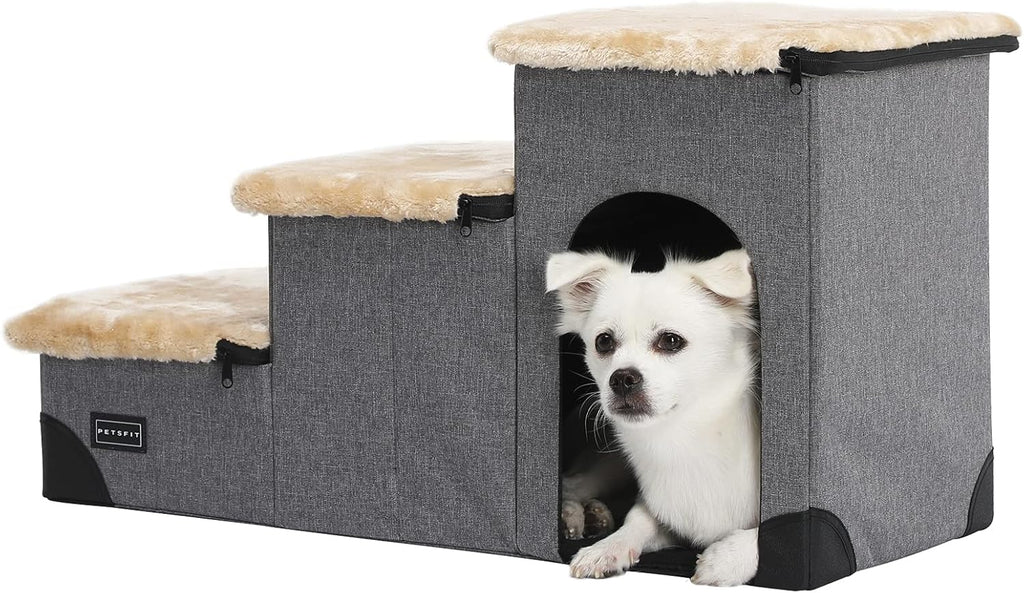 Brown Linen Foldable Pet Steps Q49456