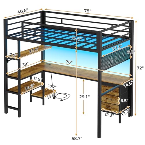 Twin Metal Loft Bed with L-Shaped Desk, LED Lights, Charging Station, Fabric Drawers & Shelves, White S2433