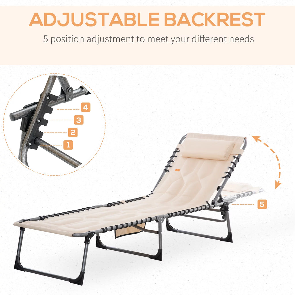 Beige Folding Padded Chaise Lounge Chair with 5-Position Adjustable Backrest Z471