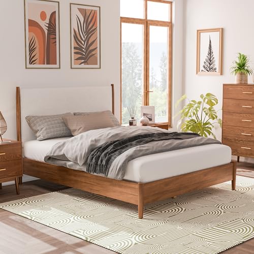 Walnut Solid Wood Queen Bed Frame with Headboard T1292