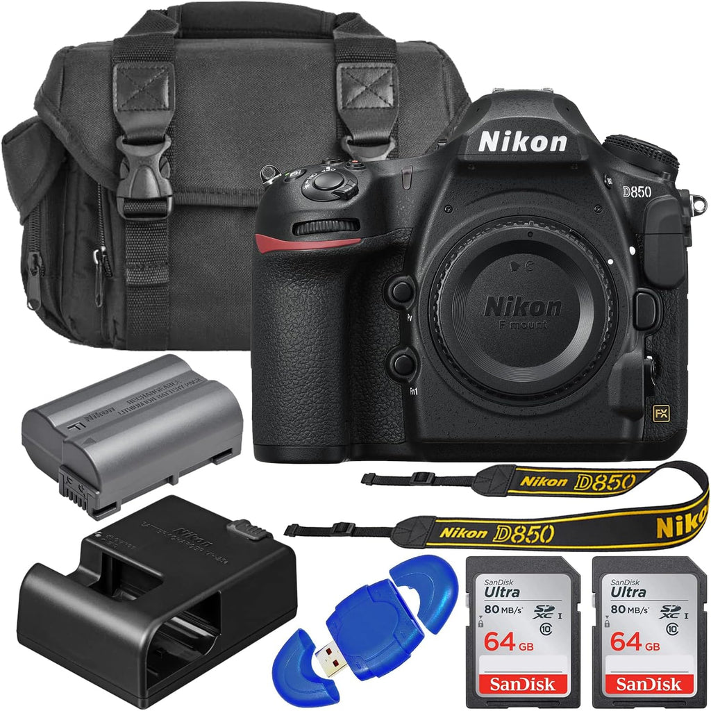 Nikon D850 FX-Format Digital SLR Camera Body with 2X SanDisk 64GB Memory Cards, Deluxe Carrying Bag, Card Reader Q2086