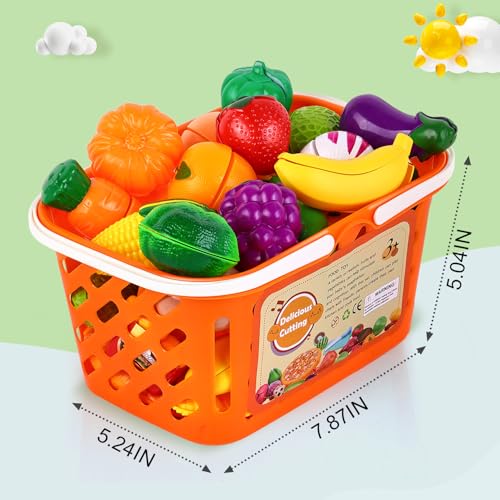 Play Food with Cutting Fruits & Vegetables, Plastic Mini Dishes Shopping Basket and Knife X423485