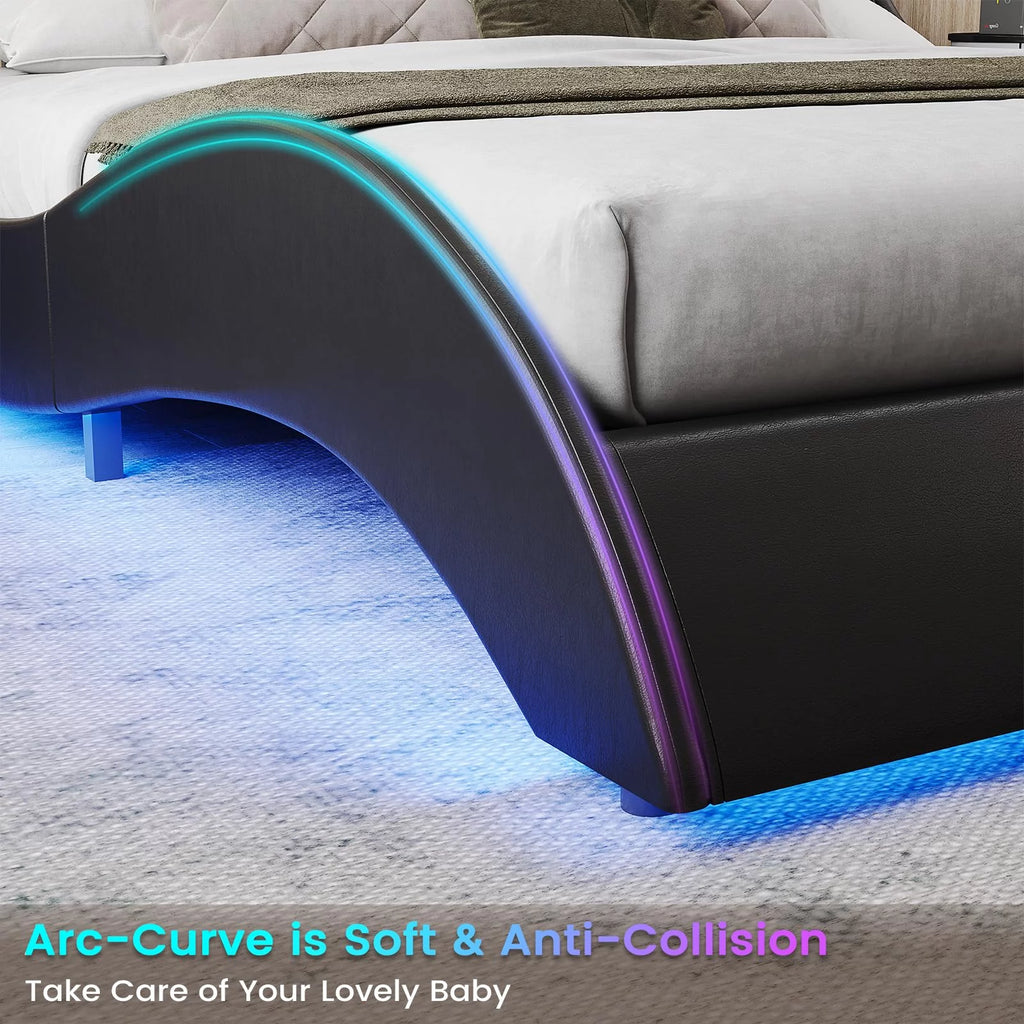 King Size Faux Leather Platform Bed Frame with Headboard and LED Lights M70667
