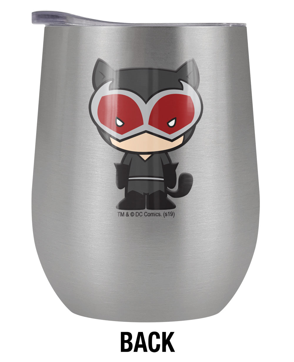 Catwoman Chibi 12 OZ Stemless Wine Tumbler, Stainless Steel Travel Cup with Leak Resistant Slide-Lock Lid X385528