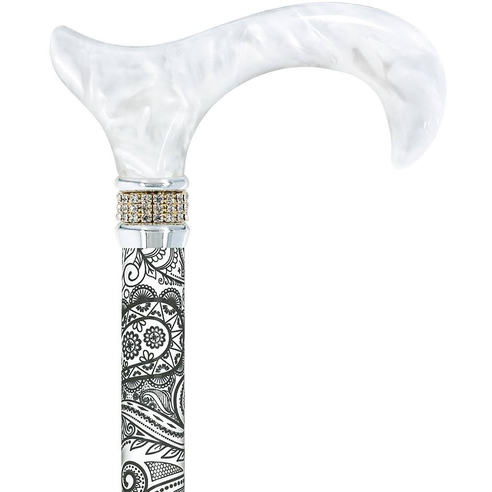 White Pearlz Rhinestone Collar Black Swirl Adjustable Folding Cane C8029