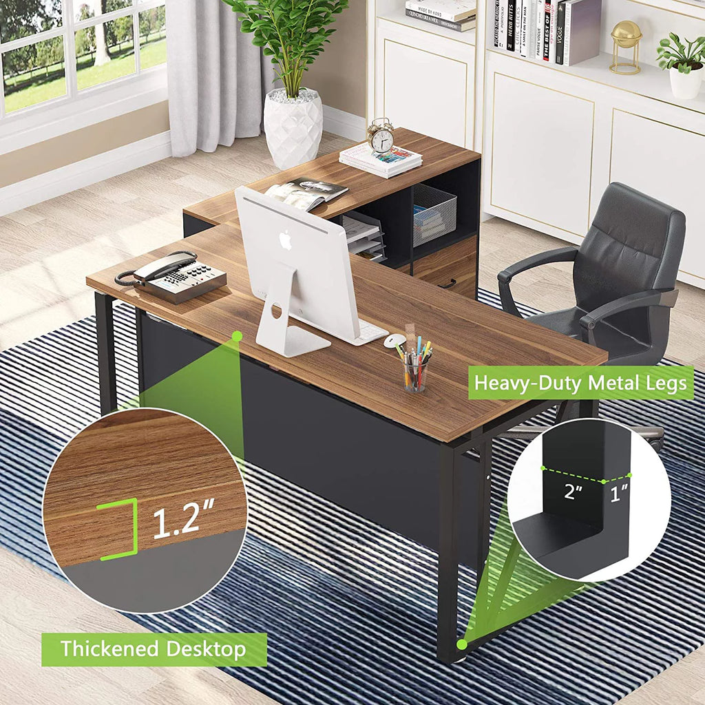 L-Shaped Computer Desk with File Cabinet and Storage Shelves V725