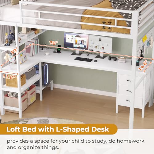 Twin Metal Loft Bed with L-Shaped Desk, LED Lights, Charging Station, Fabric Drawers & Shelves, White S2433
