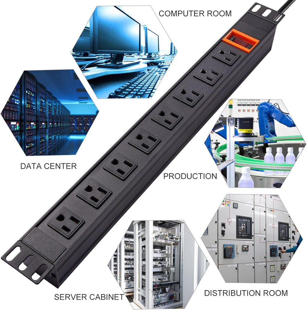 Black 1U Rack Mount PDU, 8 Outlets, 15A/125V, 6ft Cord, Pack of 2 U5769