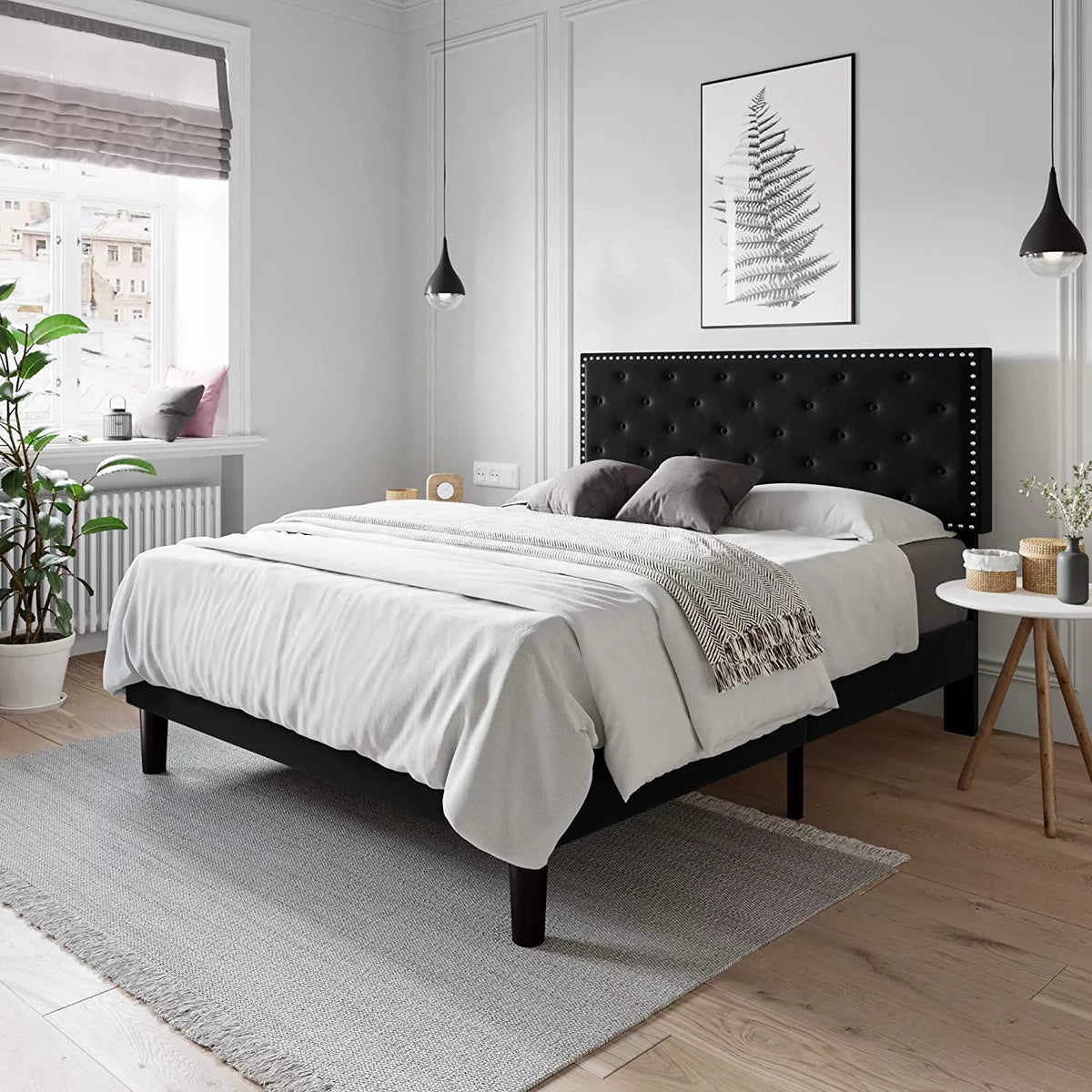 Queen Size Light Grey Velvet Upholstered Platform Bed M628349