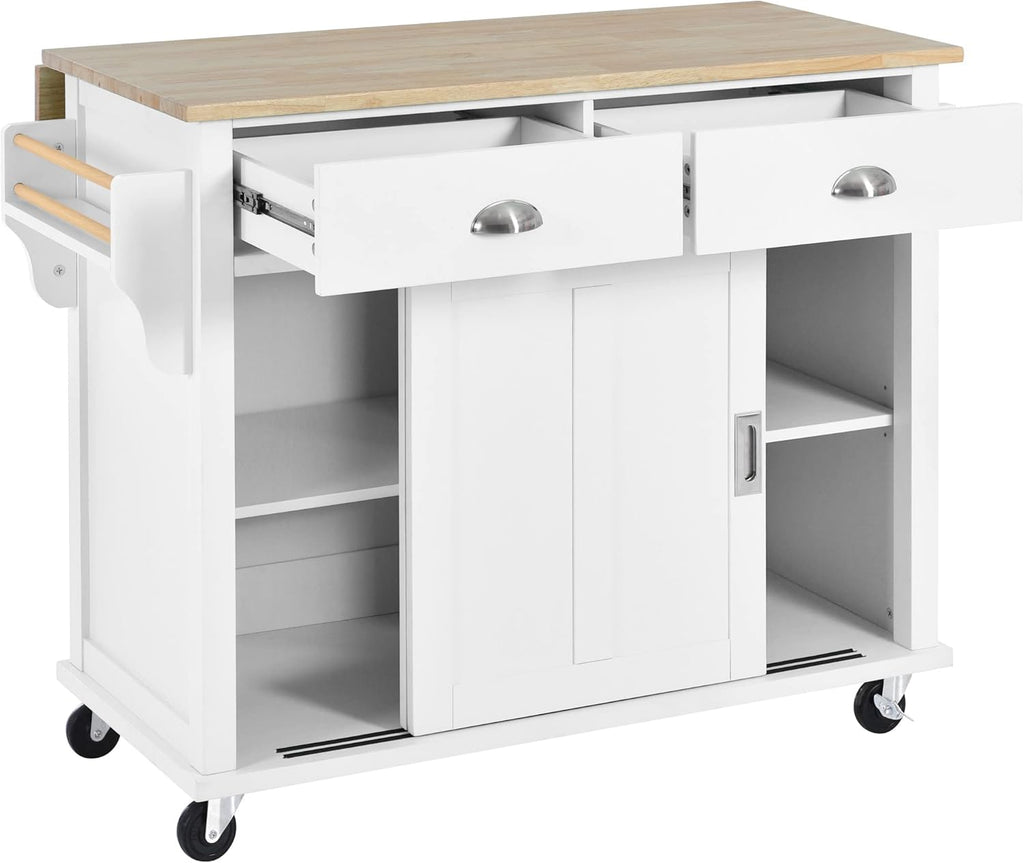 Mobile Kitchen Island Cart with Spice Rack and Towel Rack, Rolling Kitchen Island with Drop Leaf, 2 Drawers and Sliding Barn Doors B935