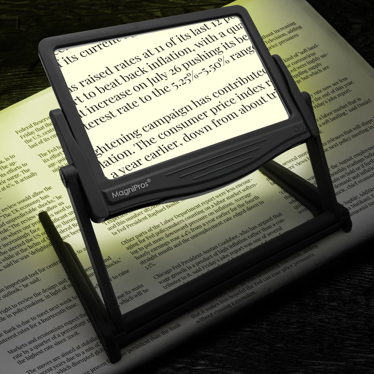 5X Large LED Full Page Magnifying Glass with Collapsible Hands-Free Stand & 3 Color Modes F931