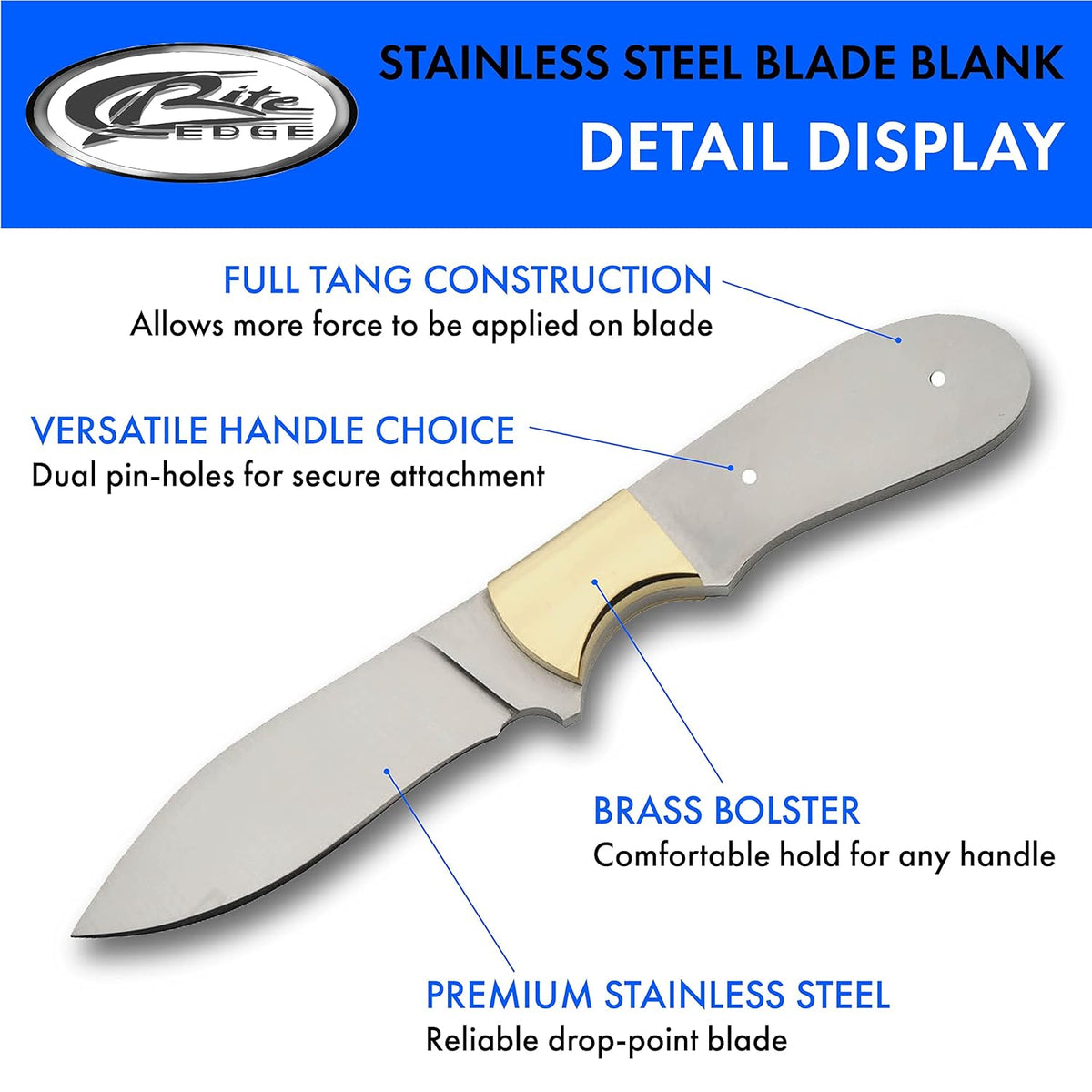 7.75" Full Tang Stainless Steel Drop Point Knife Blade Blank H382