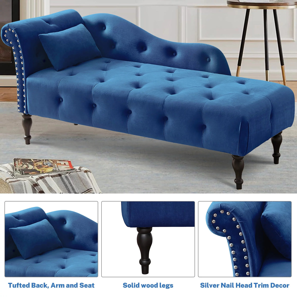 Blue Upholstered Chaise with Accent Pillow S3259