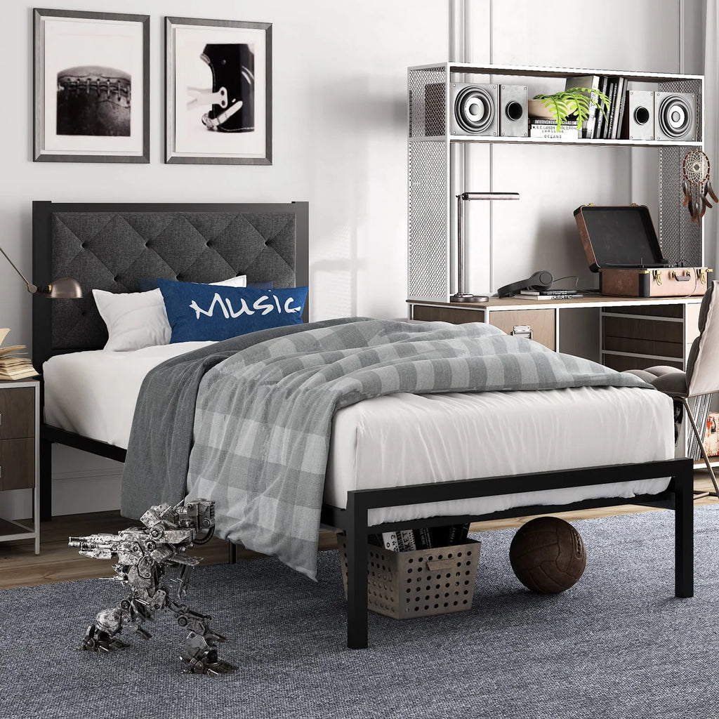 Twin Size Metal Bed Frame with Upholstered Headboard F589