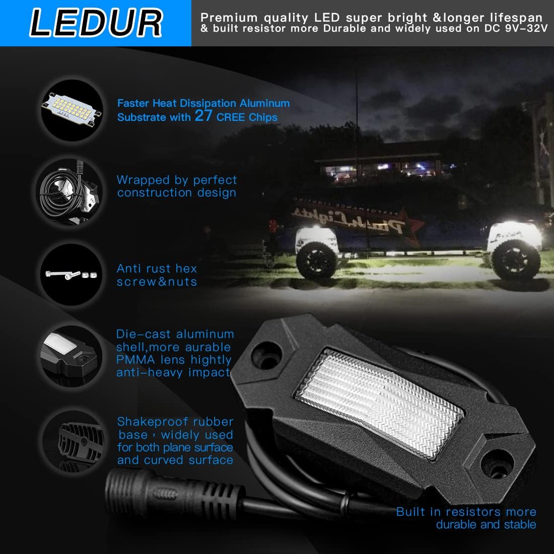 White LED Rock Lights 4 Pods with Switch Wire Harness Y914248