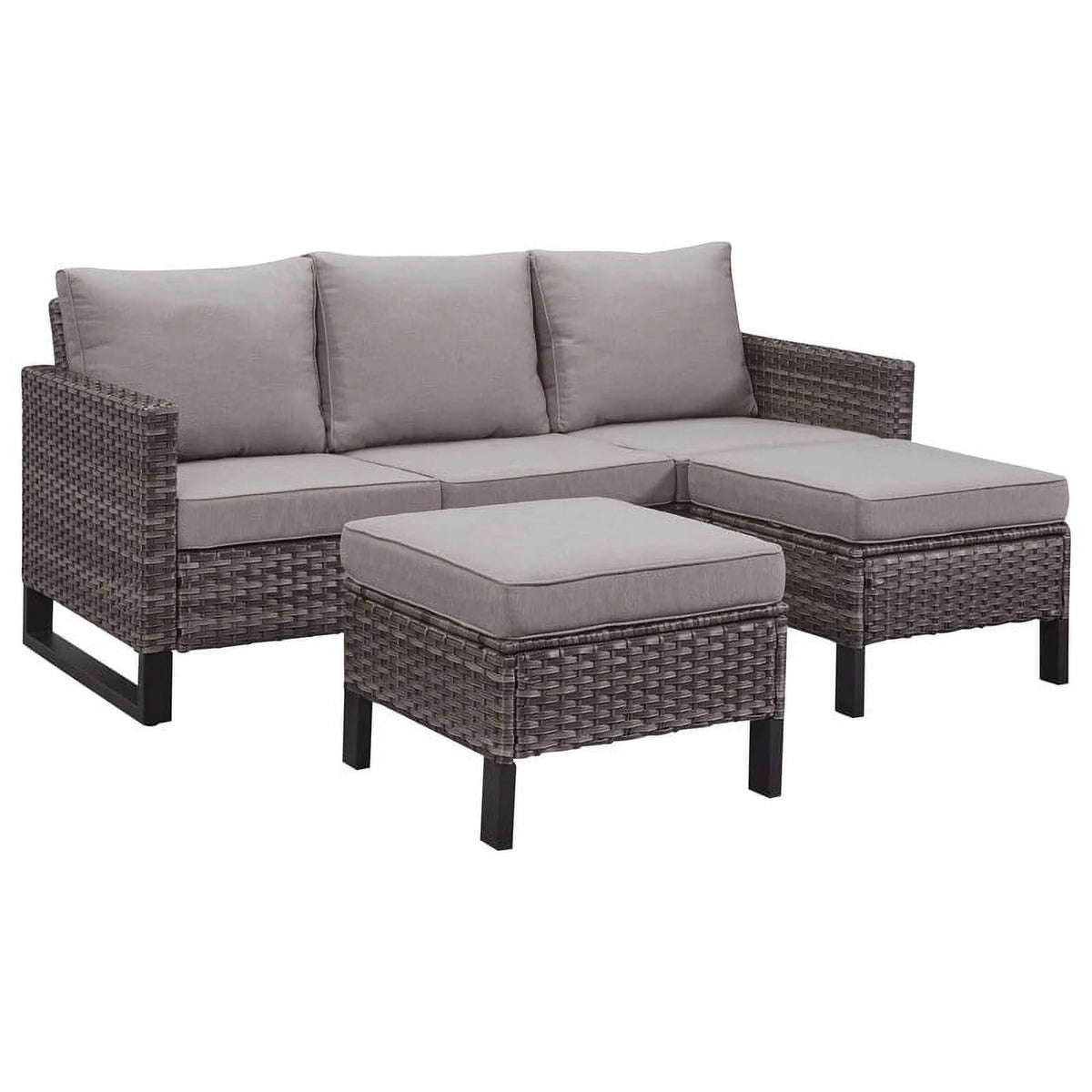 Gray 3 Piece Outdoor Patio Sectional Sofa Set with Cushioned Ottomans H847839