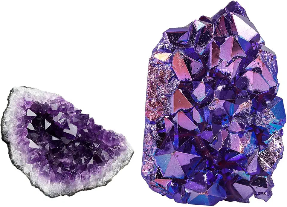 Pack of 2 Natural Amethyst Quartz Crystal Cluster & Purple Titanium Coated Rock Quartz Cluster W333