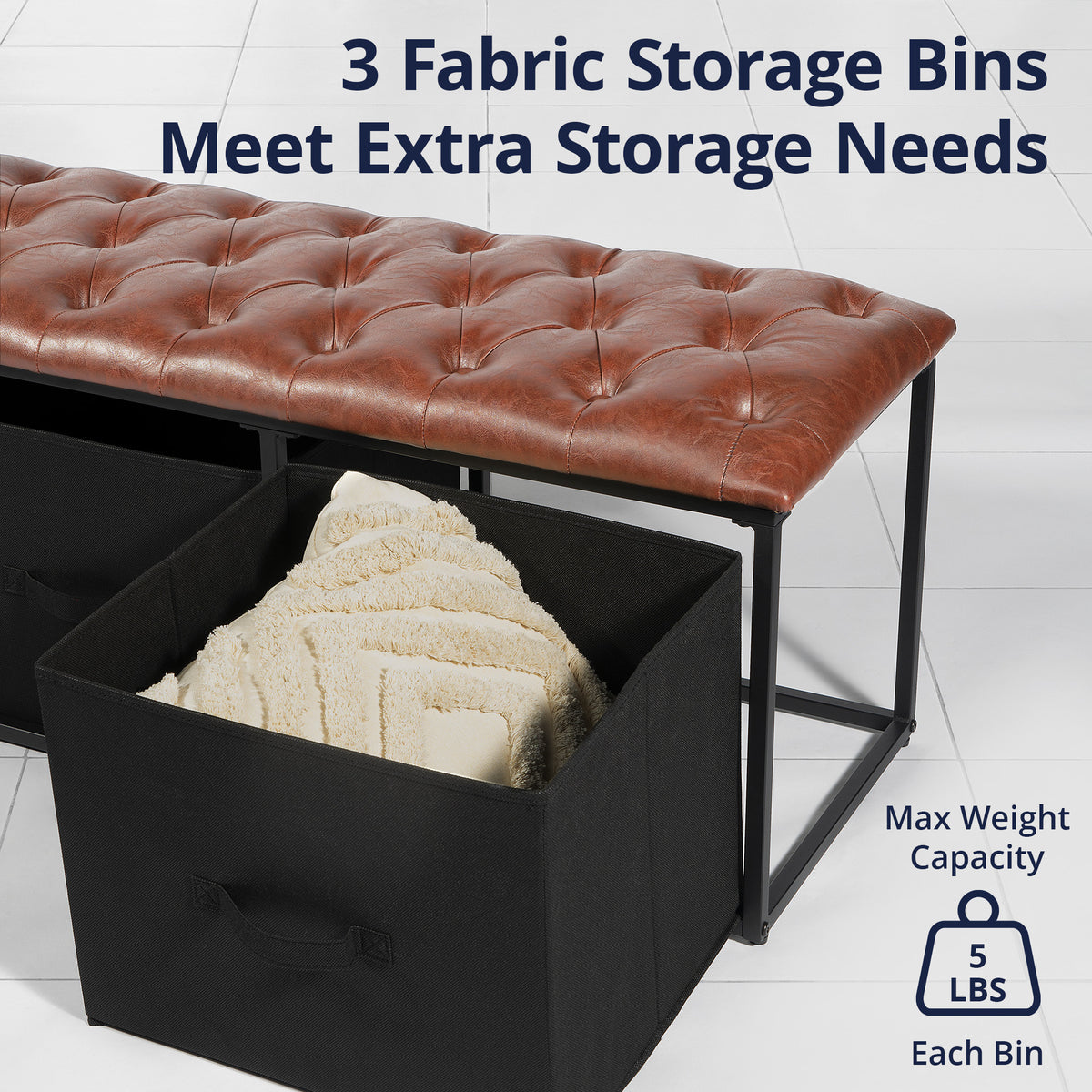 Brown Button Tufted Faux Leather Storage Bench C2204