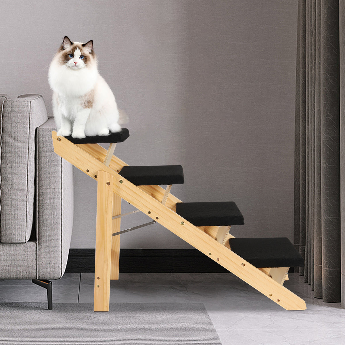 Pet Stairs Foldable Pine Wood Natural Black X40138