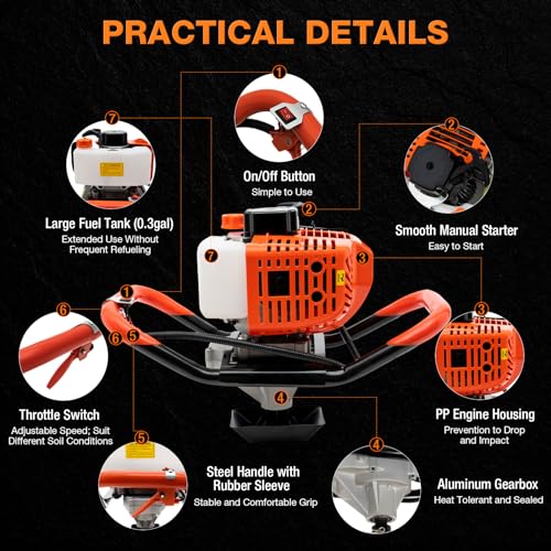 52cc 1700W Gas Powered Auger Post Hole Digger with 3 Drill Bits Y85339