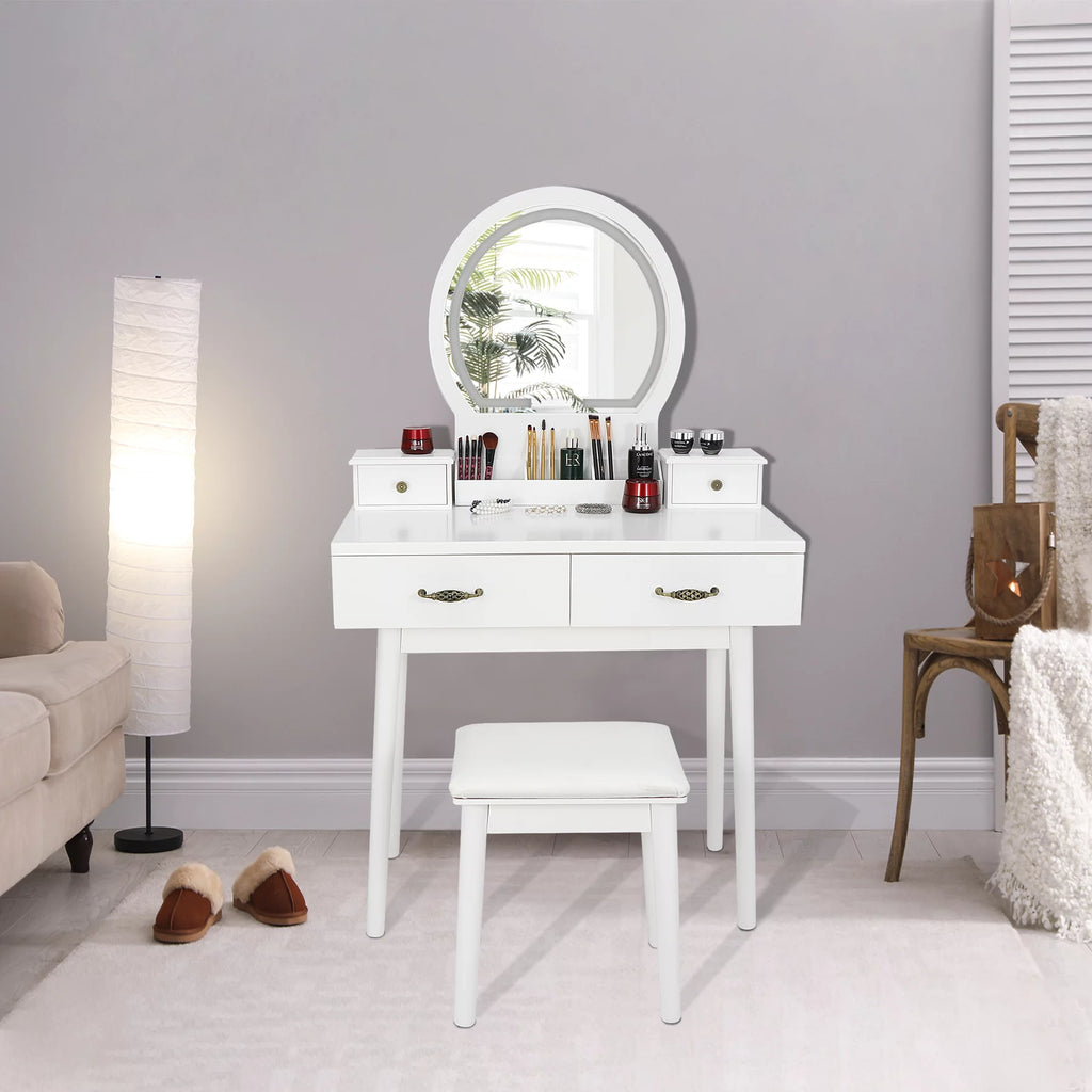 White Vanity Table Set with Lighted Mirror and 4 Drawers R289896