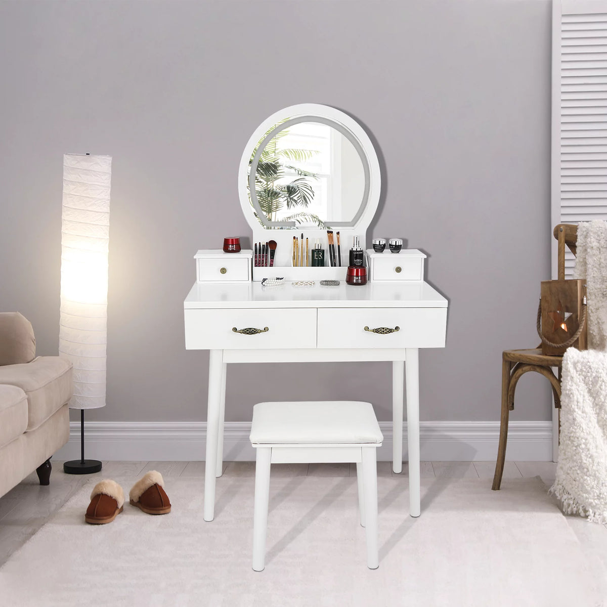 White Vanity Table Set with Lighted Mirror and 4 Drawers R289896