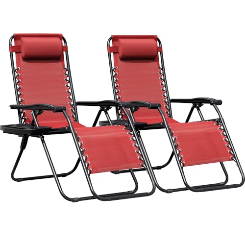 Zero Gravity Chairs Set of 2 Adjustable Steel Mesh Recliners with Cup Holder Tray and Pillow C8975