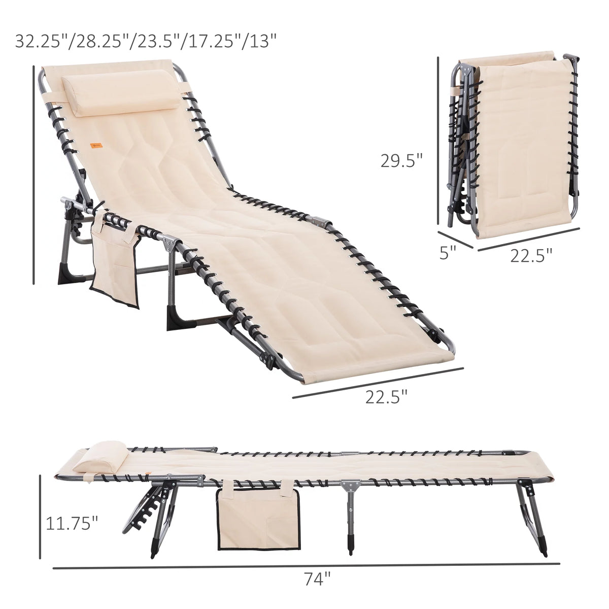 Beige Folding Padded Chaise Lounge Chair with 5-Position Adjustable Backrest Z471