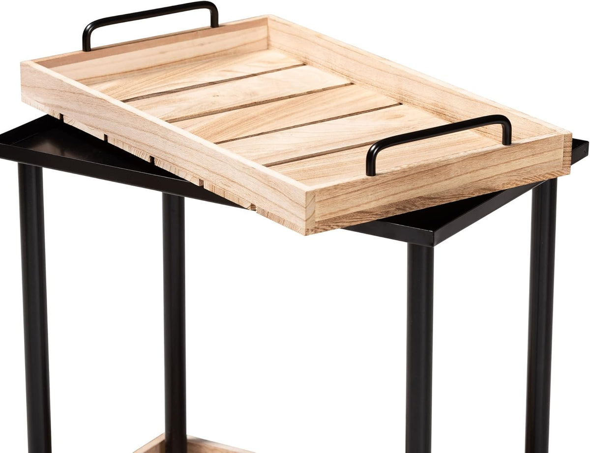 Oak Brown Finished Wood and Black Metal Kitchen Cart W588