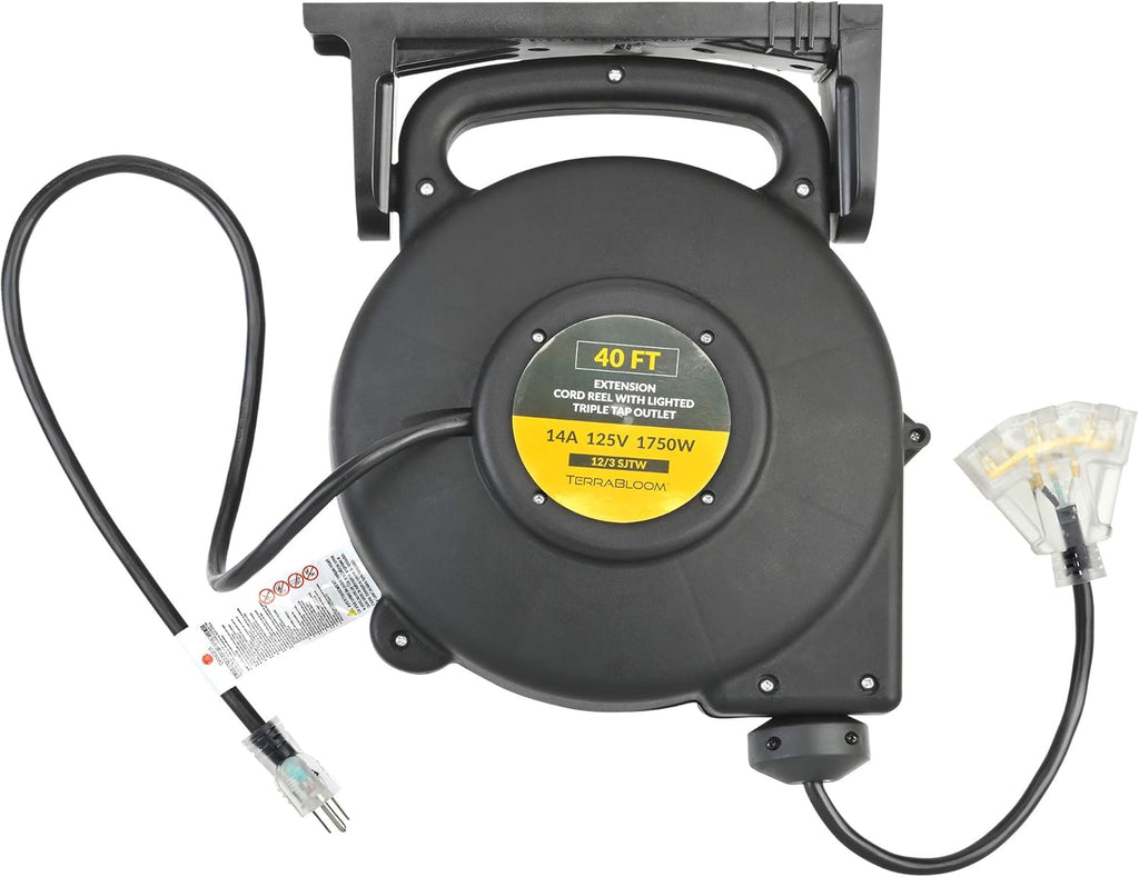 40 Ft 12/3 Retractable Extension Cord Reel with 3 Electrical Outlets P248556