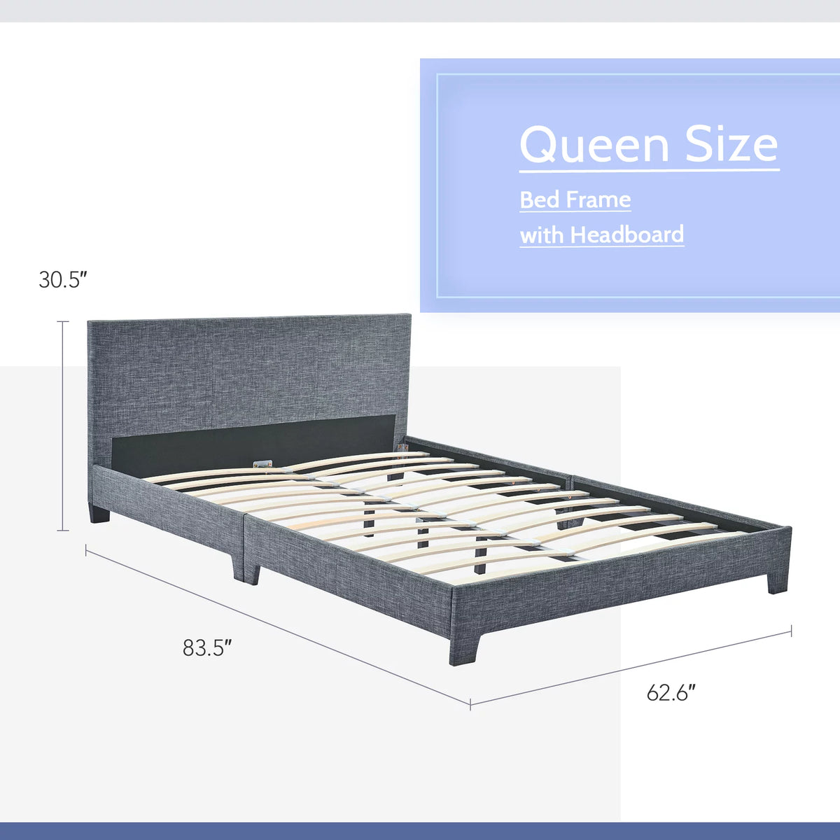 Queen Bed Frame with Headboard, Wood Slats, Gray M10166