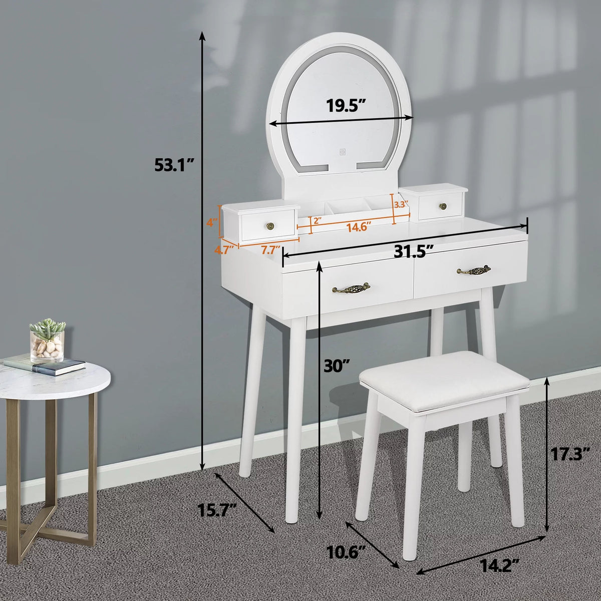 White Vanity Table Set with Lighted Mirror and 4 Drawers R289896