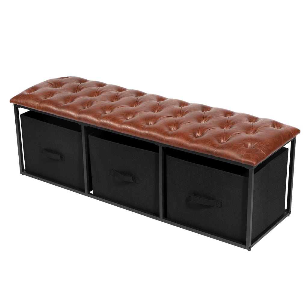 Brown Button Tufted Faux Leather Storage Bench C2204